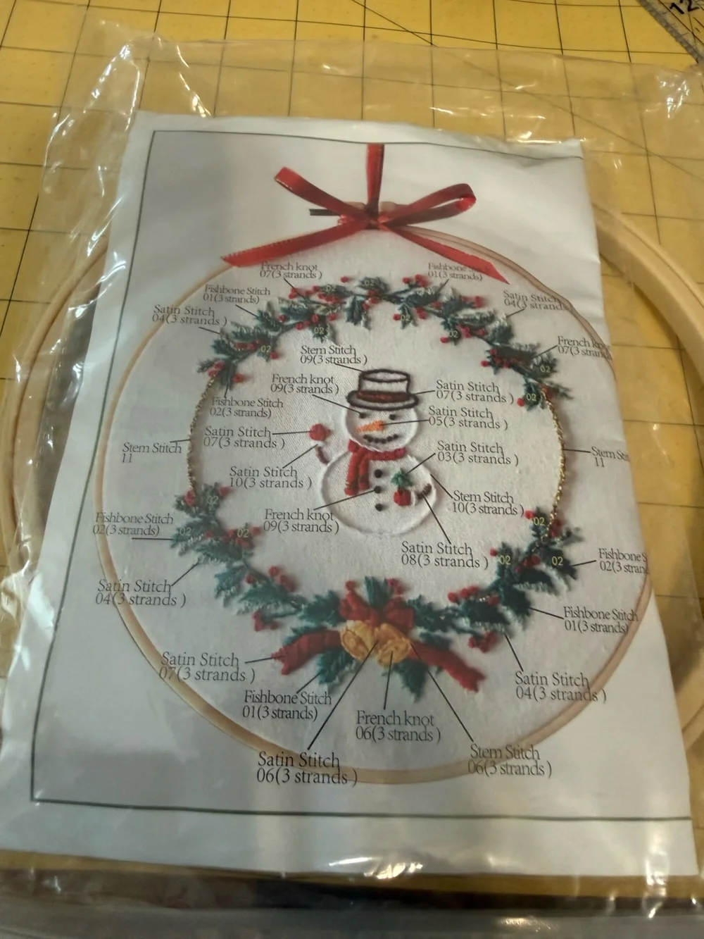 Holiday Wreath Snowman Embroidery Kit - White